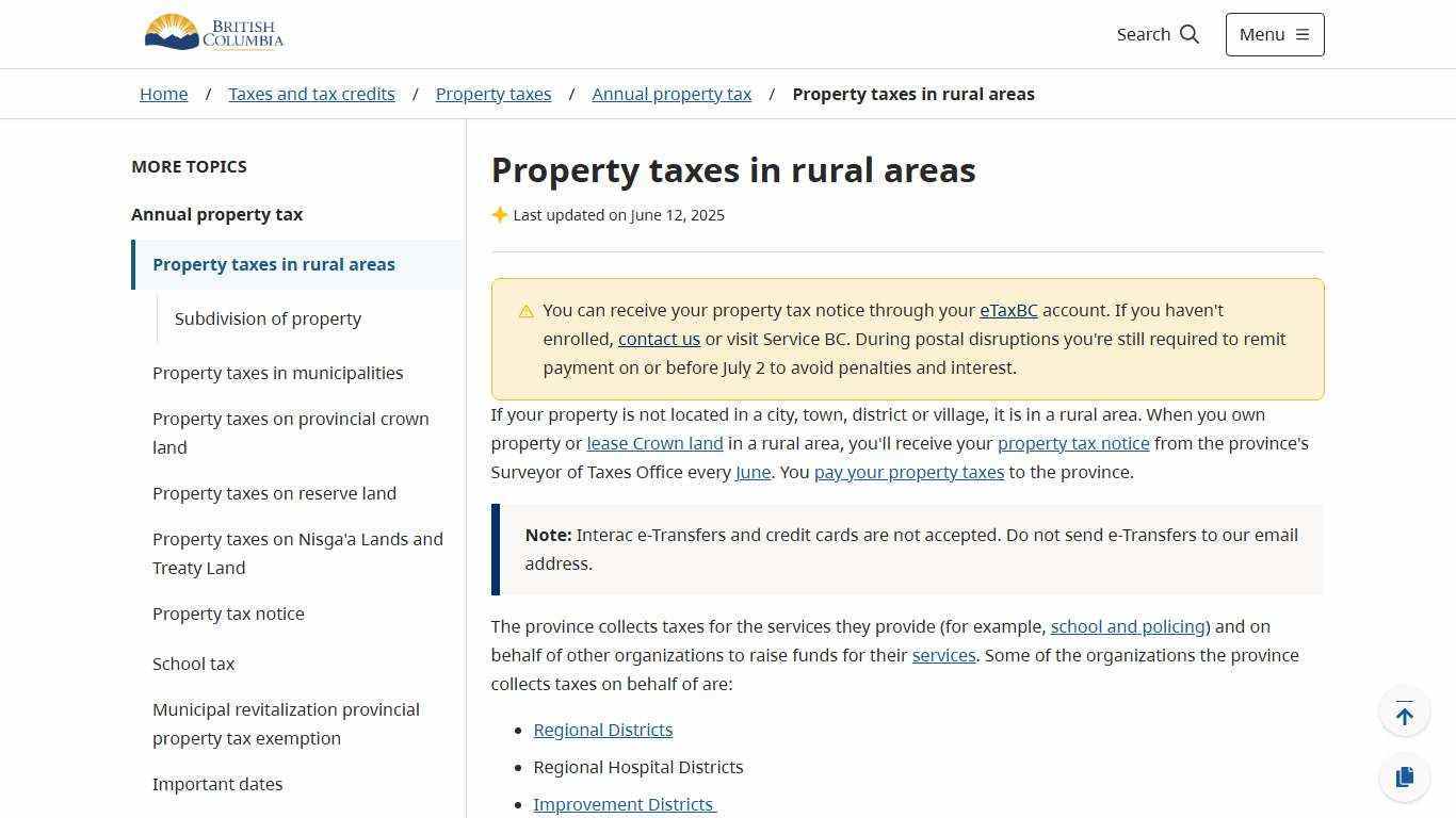 Property taxes in rural areas - Province of British Columbia
